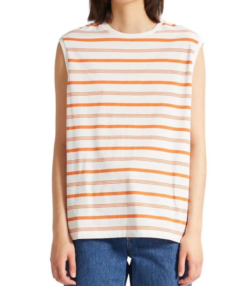 Front of a model wearing a size L Lydia Stripe Top in Dusty Orange in Dusty Orange by Wood Wood. | dia_product_style_image_id:364302